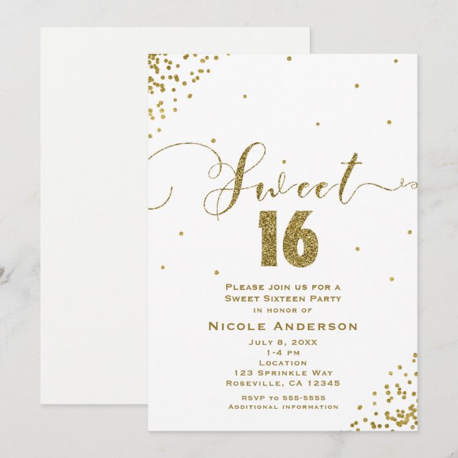 SWEET 16 16 White & Gold Confetti Ecken Einladung (Vorne/Hinten)
