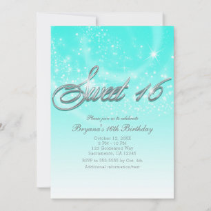 SWEET 16 Aqua Blau & Silber Glitzer Sterne Party Einladung