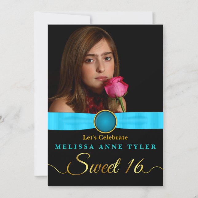 Sweet 16 Aqua Imitats Jewel Ribbon Foto Einladung (Vorderseite)