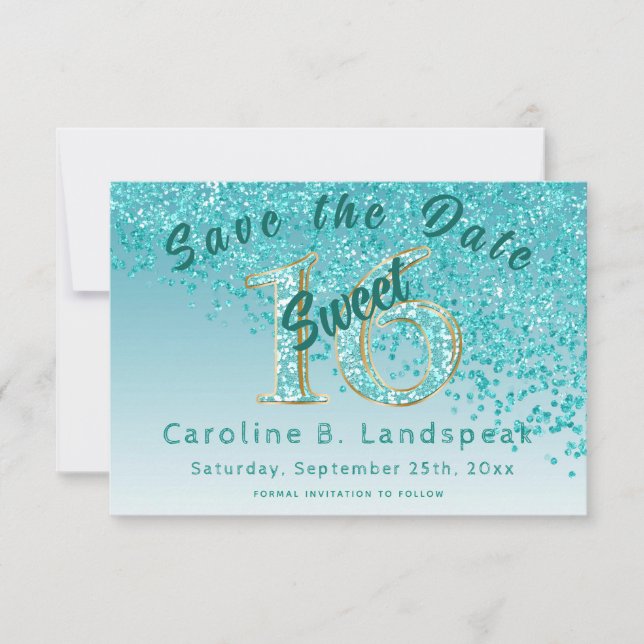Sweet 16 Aquamarin Blue Glitzer, Chic Glitzer Numb Save The Date (Vorderseite)
