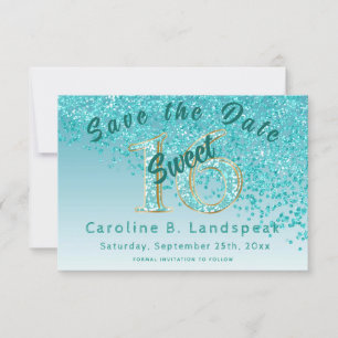 Sweet 16 Aquamarin Blue Glitzer, Chic Glitzer Numb Save The Date