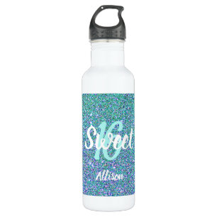 Sweet 16 Aquamarin Blue Glitzer Personalisiert Edelstahlflasche
