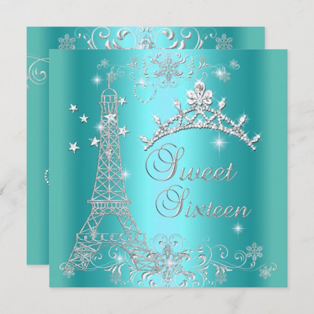 Sweet 16 Aquamarin Blue Glitzer Tiara Eiffel Tower Einladung (Vorne/Hinten)