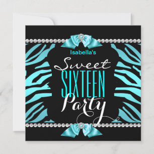Sweet 16 Aquamarin Blue Zebra Schwarz-weiß Geburts Einladung