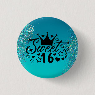 Sweet 16 Aquamarin Glitzer Sparkle Birthday Button