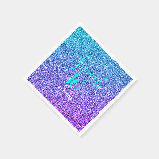 Sweet 16 Aquamarin Lila Ombre Glitzer Personalisie Serviette (Ecke)