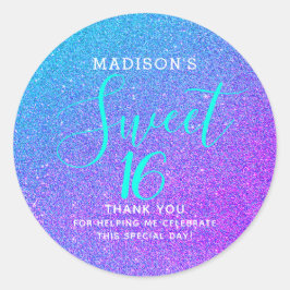 Sweet 16 Aquamariner Lila Glitzer Danke Monogram Runder Aufkleber