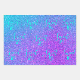 Sweet 16 Aquamariner Lila Glitzer Glam Girl Geburt Geschenkpapier Set