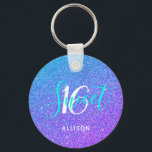 Sweet 16 Aquamariner Lila Glitzer Ombre Personalis Schlüsselanhänger<br><div class="desc">Drive in Style mit diesem Sweet 16 Aquamarinen Lila Glitzer Ombre Personalisierten Schlüsselanhänger. Es hat einen modernen,  eleganten Designhintergrund mit aquamarinen und lila ombre Imitate Glitzer. Der Text lautet "Sweet 16",  gefolgt von einem personalisierten Namen. KLICKEN SIE AUF VORLAGENOPTION PERSONALISIEREN,  UND GEBEN SIE DEN NAMEN EIN.</div>
