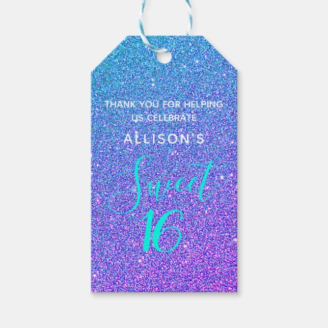 Sweet 16 Aquamariner Lila Glitzer Personalisiert Geschenkanhänger (Vorderseite)
