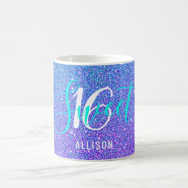 Sweet 16 Aquamariner Lila Glitzer Personalisiert N Kaffeetasse (Mittel)