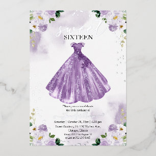 Sweet 16 Aquarell Blume Kleid Lila Silber Folieneinladung