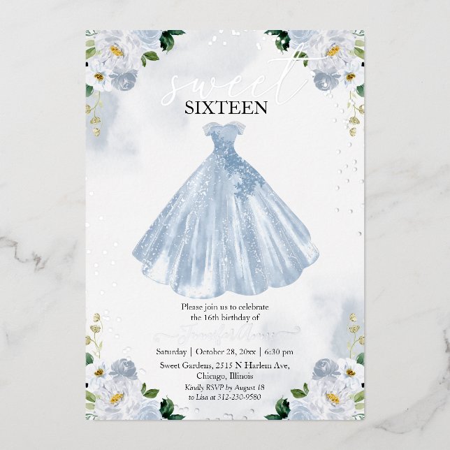 Sweet 16 Aquarell Blume kleiden Baby Blue Silver Folieneinladung (Vorderseite)