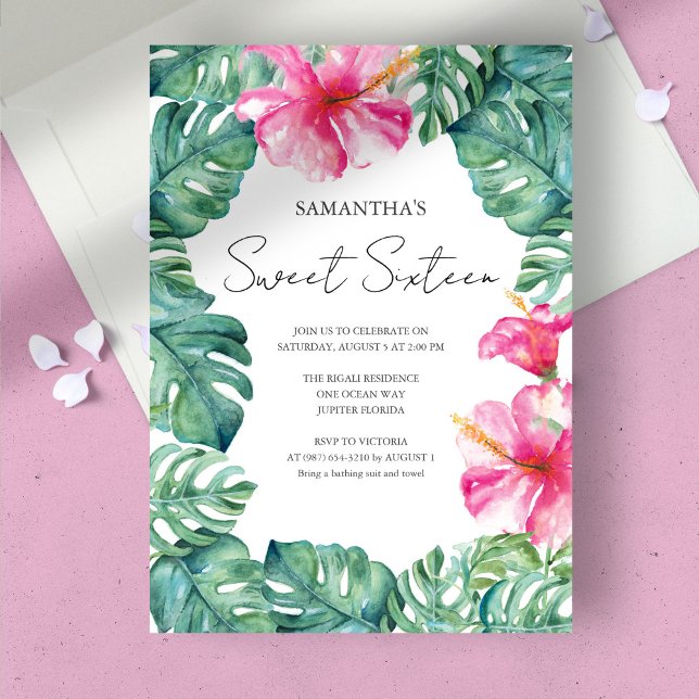 Sweet 16 Aquarell Pink Floral Tropisch Einladung (birthday party sweet 16 tropical luau vibrant pink florals green monstera palm leaves)