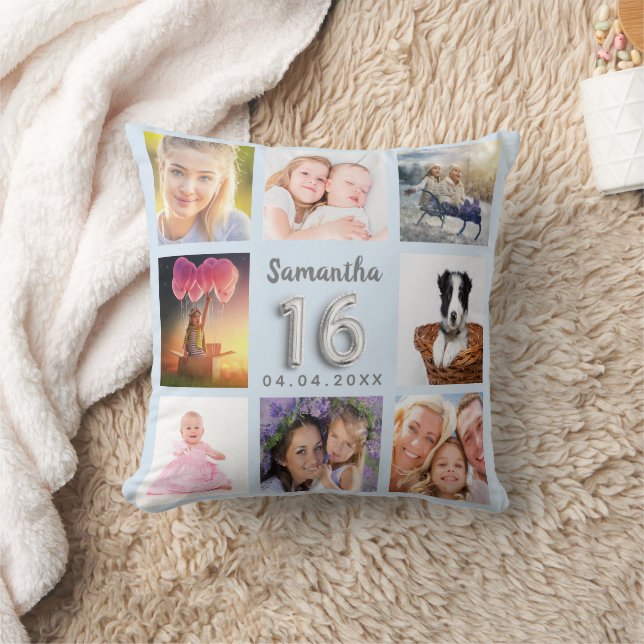 Sweet 16 baby Blue Silber Foto Collage Kissen (Decke)