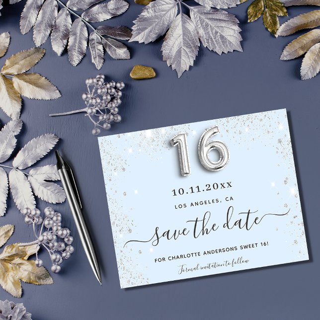 Sweet 16 baby blue silber Glitzer Save the Date (Von Creator hochgeladen)