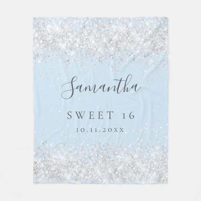 Sweet 16 baby blue silber Glitzer Staubname Fleecedecke (Vorderseite)