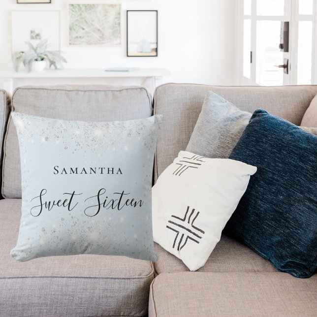 Sweet 16 baby blue silber Glitzer Staubname Kissen (Von Creator hochgeladen)