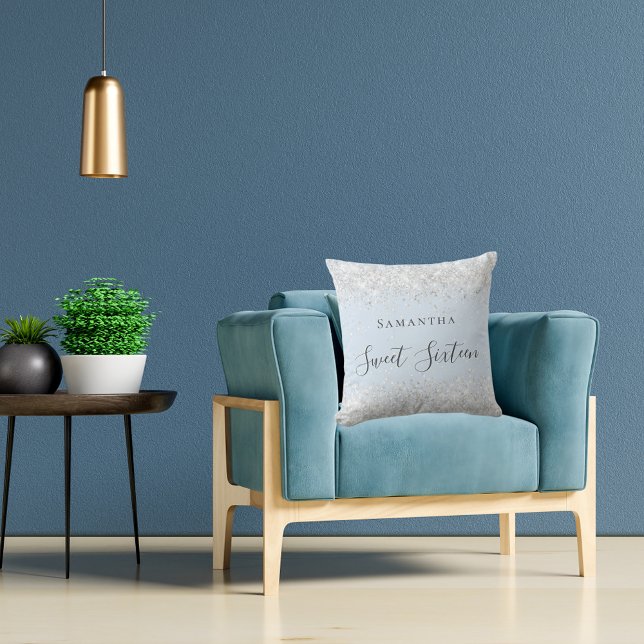 Sweet 16 baby blue silber Glitzer staubname skript Kissen (Von Creator hochgeladen)