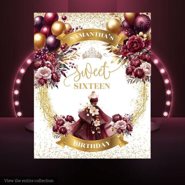 Sweet 16 Backdrop Burgundy Balloons Gold Glitzer Wandteppich (Sweet 16 Backdrop Burgundy Balloons Gold Glitter Glam)