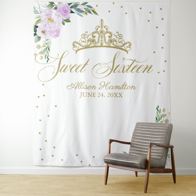 Sweet 16 Backdrop Gold Tiara Lavender Floral Wandteppich (Beispiel)