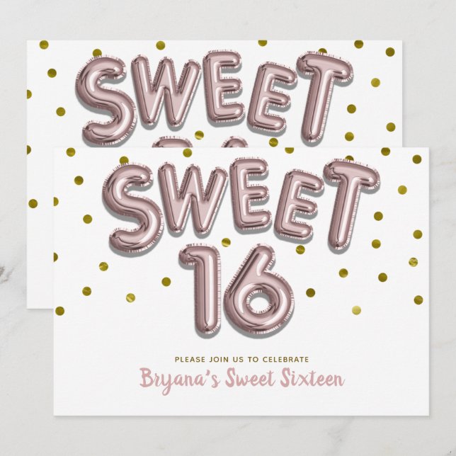 Sweet 16 Balloons Rose Gold Dots Party JEDE FARBE Einladung (Vorne/Hinten)