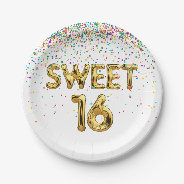 Sweet 16 Balloons und Confetti Papierplatte Pappteller (Vorderseite)