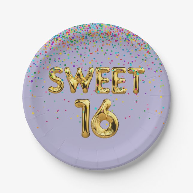 Sweet 16 Balloons und Confetti Papierplatte Pappteller (Vorderseite)