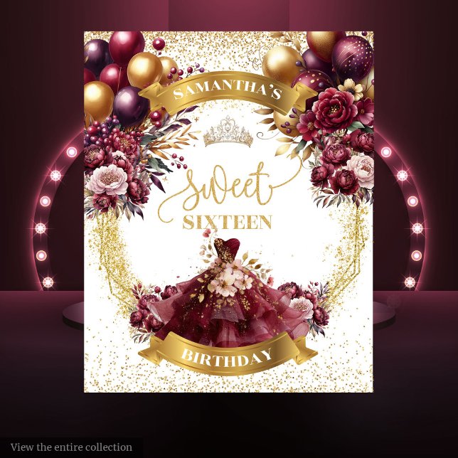 Sweet 16 Banner Burgundy Blume Gold Glitzer Wandteppich (Sweet 16 Banner Burgundy Flowers Gold Glitter Tapestry)