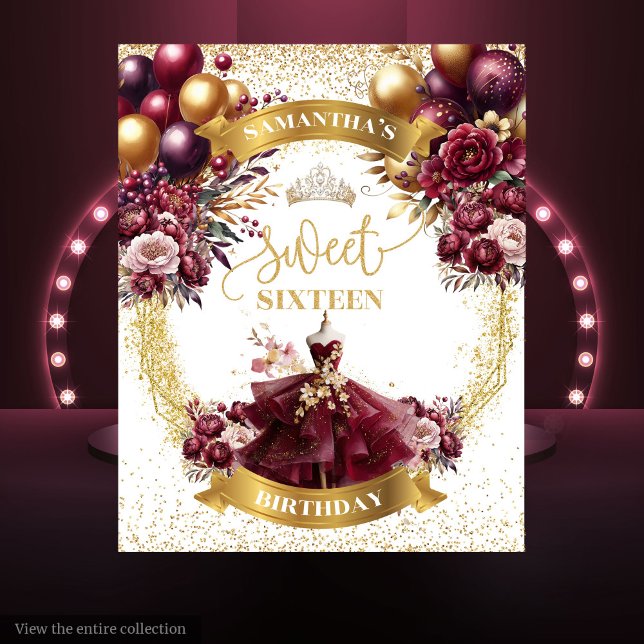 Sweet 16 Banner Burgundy Dress Glitzer Gold Wandteppich (Sweet 16 Banner Burgundy Dress Glitter Gold Tapestry)