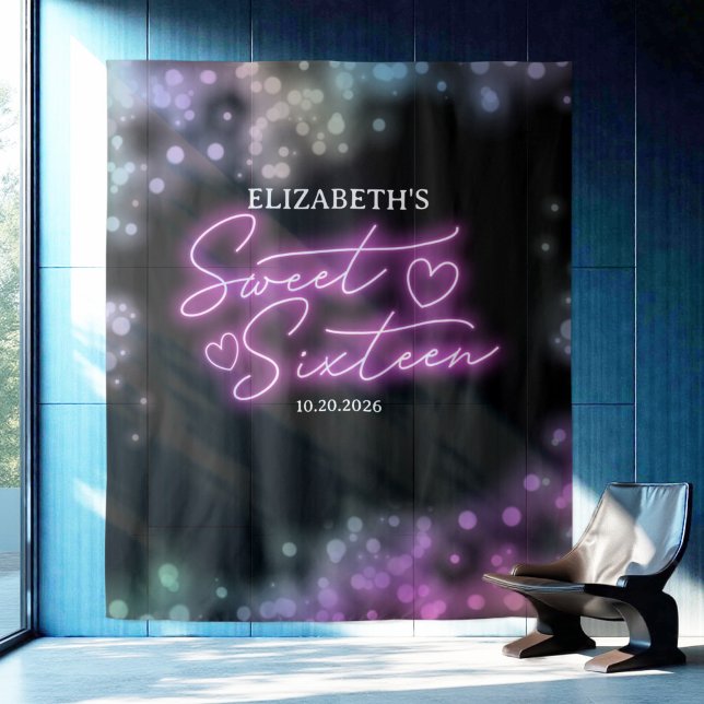 Sweet 16 Bday farbenfrohe Neon Glow Hintergrund Wandteppich (Von Creator hochgeladen)