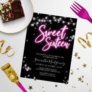 Sweet 16 Bday Hot Pink Neon Glow Budget Einladung