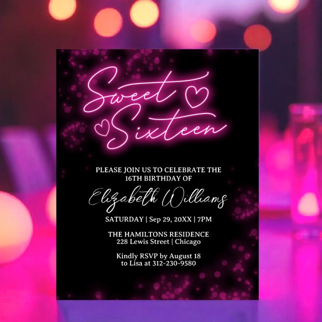 Sweet 16 Bday Hot Pink Neon Glow Budget Einladung (Von Creator hochgeladen)