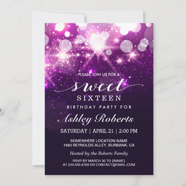 Sweet 16 Bday Party Trendy Lila Glitzer Glitzern Einladung (Vorderseite)