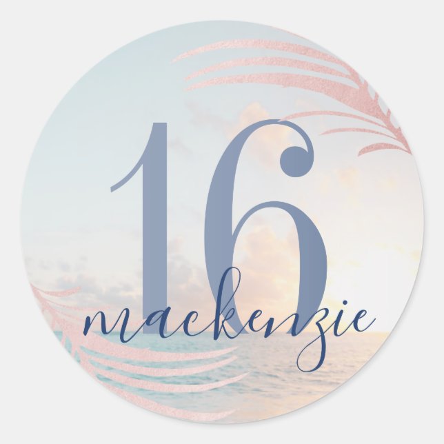 Sweet 16. Beach Birthday Party Gefallen Runder Aufkleber (Vorderseite)