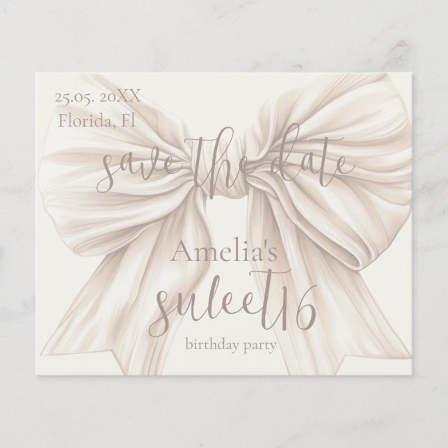 Sweet 16 Beige Bow Wasserfarbe Save the Date (Vorderseite)