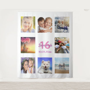 Sweet 16 benutzerdefiniertes Foto Collage White Pi Wandteppich