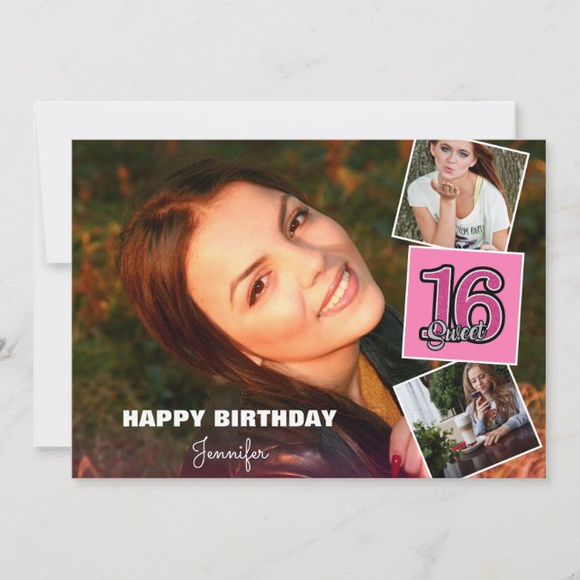 Sweet 16 Birthday 3Foto Collage Card Karte (Vorderseite)
