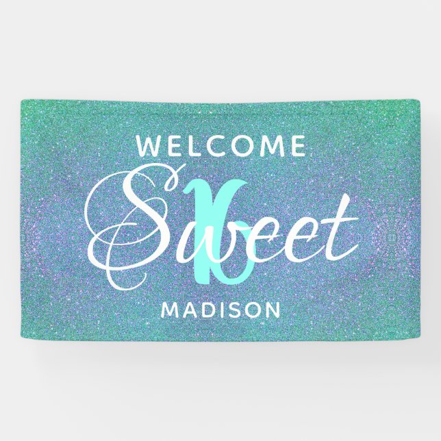 Sweet 16 Birthday Aquamarin Blue Glitzer Personali Banner (Horizontal)