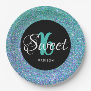 Sweet 16 Birthday Aquamarin Blue Glitzer Personali Pappteller
