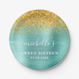 Sweet 16 Birthday Aquamarin Gold Glitzer Sparkle N Pappteller