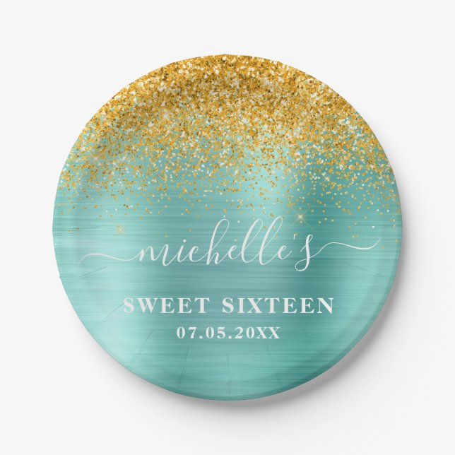 Sweet 16 Birthday Aquamarin Gold Glitzer Sparkle N Pappteller (Vorderseite)
