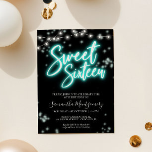 Sweet 16 Birthday Aquamarin Neon Glow Dunkles Part Einladung