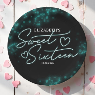 Sweet 16 Birthday Aquamarin Neon Glow Dunkles Part Pappteller