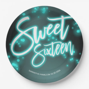 Sweet 16 Birthday Aquamarin Neon Glow Dunkles Part Pappteller