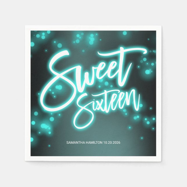 Sweet 16 Birthday Aquamarin Neon Glow Dunkles Part Serviette (Vorderseite)