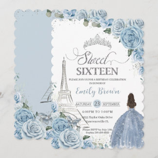 Sweet 16 Birthday Baby Blue Floral Paris Silver Einladung