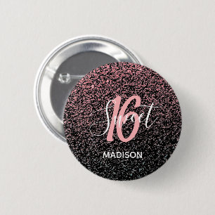 Sweet 16 Birthday Black Blush Pink Glitzer Name Button