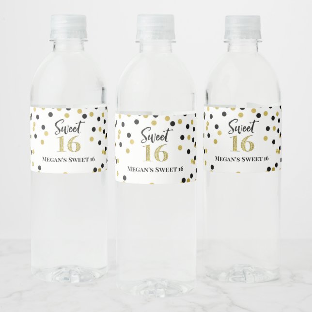 Sweet 16 Birthday Black Gold Confetti Wasserflaschenetikett (Flaschen)