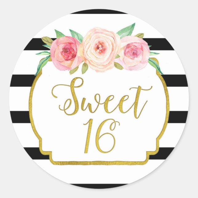 Sweet 16 Birthday Black Stripes Gold Pink Blüte Runder Aufkleber (Vorderseite)